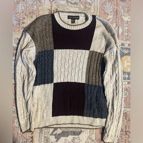LIBERTY SWEATERS Men's Grandpa Cable Large Knit Square Patch Sweater Sz L - Picture 1 of 4